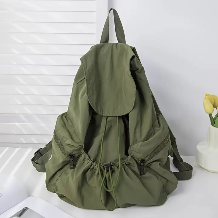 Mochila de moda para mujer, elegante cordón plisado, bolso de estudiante de gran capacidad con solapa de moda, correas dobles - 1