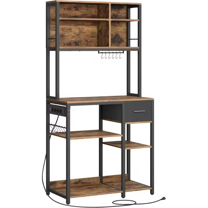 Estantería de Cocina con Multienchufe, Armario de Cocina con Estantes Ajustables, Cajón de Tela, 12 Ganchos, 40 x 100 x 180,4 cm, Estante de Microondas, Marrón Rústico y Negro - 1