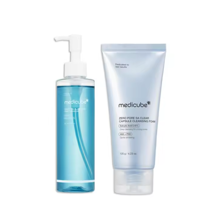 Set de limpieza doble Medicube Smooth: aceite de limpieza profunda de puntos negros y limpiador facial en cápsula azul transparente Zero Pore - 1