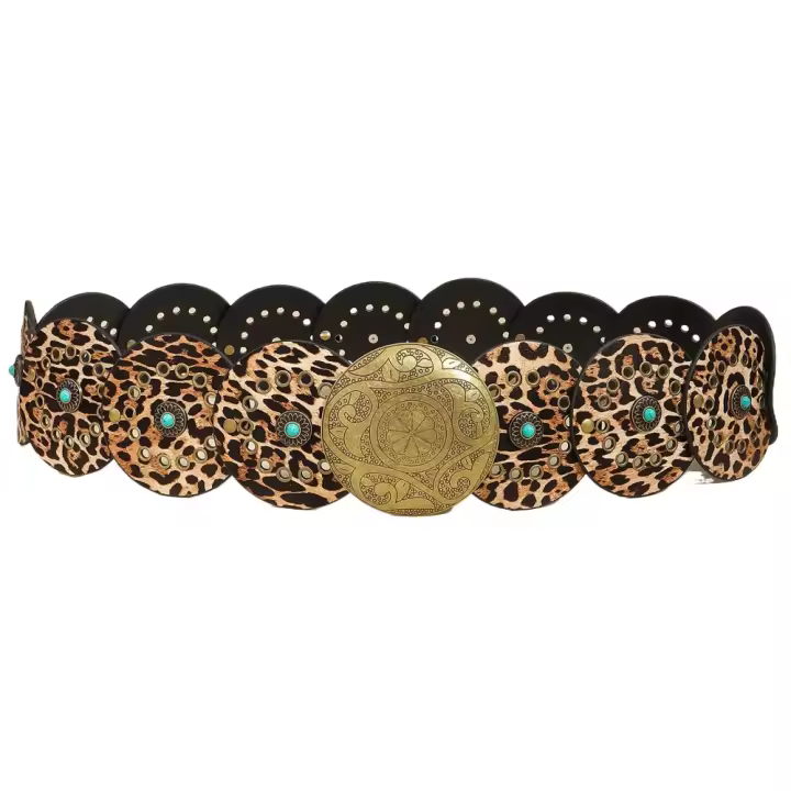 Cinturón de disco bohemio ancho exagerado con remaches, pretina de cuero occidental ajustable Y2k turquesa para mujer, cinturón Vintage para chica picante - 1