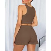 Conjunto de dos piezas de verano para mujer, chaleco sin mangas de color sólido con textura gofre y pantalones cortos casuales de moda. - details 24