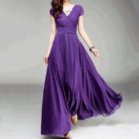 Gran oferta, vestido de noche largo bohemio de Color sólido con manga corta y cuello en V, cintura ajustada - details 11