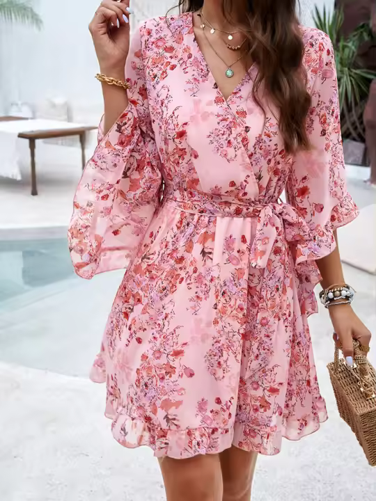 Elegante Vestido de Denim con Estampado Manga Media, Cuello en V, Moda Casual de Verano y Primavera para Mujeres Cintura Alta, Largo hasta la Rodilla - 1