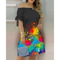 Vestido Estampado Sexy A La Moda Para Mujer, Vestido Acampanado De Manga Corta Con Hombros Descubiertos, Minivestidos Con Hombros Descubiertos Para Mujer - details 2