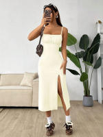 Vestido de estilo simple de mujer cintura alta tirantes delgados falda media y larga - details 4