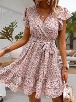 Mini Vestido Floral de Verano Cuello en V, Manga Corta con Volantes, Vestido Elegante de Línea A con Cinturón para Mujeres - details 3