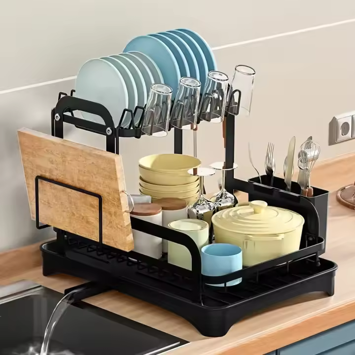 Escurridor de platos de 2 niveles, estante de almacenamiento con cesta de drenaje, organizador de vajilla para encimera y cocina - 1