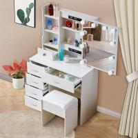 LED, tocador con espejo para maquillaje, 3 colores con brillo ajustable, mesa cosméticos con estantes ajustables, 6 cajones (131 x 80 x 36 cm) - details 0