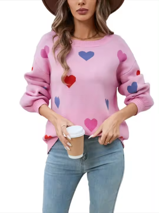 Jersey holgado con patrón de corazón para mujer, suéter de punto blanco Kawaii con cuello redondo, manga larga, tendencia juvenil - 1