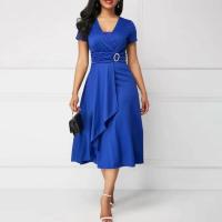 BUNO-Vestido de fiesta de cóctel para mujer, vestido informal con cuello en V, manga corta, cintura con cordones, asimétrico, dobladillo ancho, vestido de fiesta de noche - details 10
