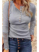 Camiseta de manga larga con cuello redondo y botones para mujer, Top de costura de encaje, camiseta informal ajustada, moda de Color sólido, Otoño e Invierno - details 18