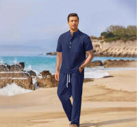 Primavera y verano, nueva ropa para hombres, pantalones sueltos informales de algodón y lino de manga corta, traje - details 5