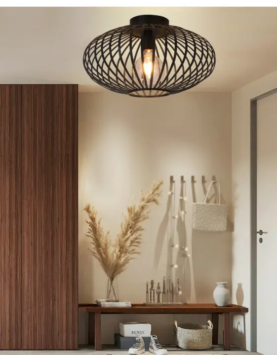 Luz de Techo Industrial Vintage de Metal Lámpara de Jaula E27 para Dormitorio Sala de Estar Café Entrada Pasillo 38cm Negro - 1