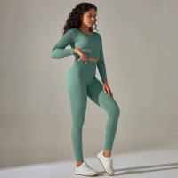 Conjunto de yoga sin costuras para mujer, top corto de manga larga, sujetador deportivo, leggings para correr de cintura alta, ropa de gimnasio - details 11