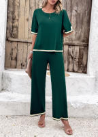 Conjuntos de punto de verano para mujer, trajes de 2 piezas, Tops de manga corta con pantalones, Verde S - details 7