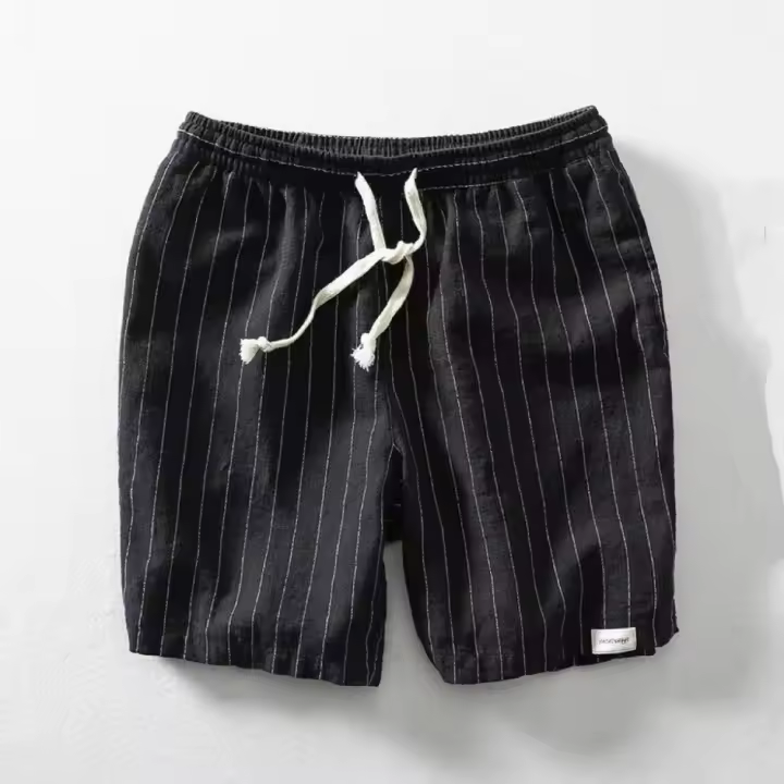 Pantalones cortos de lino para hombres Rayados de verano, transpirables, ajuste suelto y apretado con cordones Ideales para la playa - 1