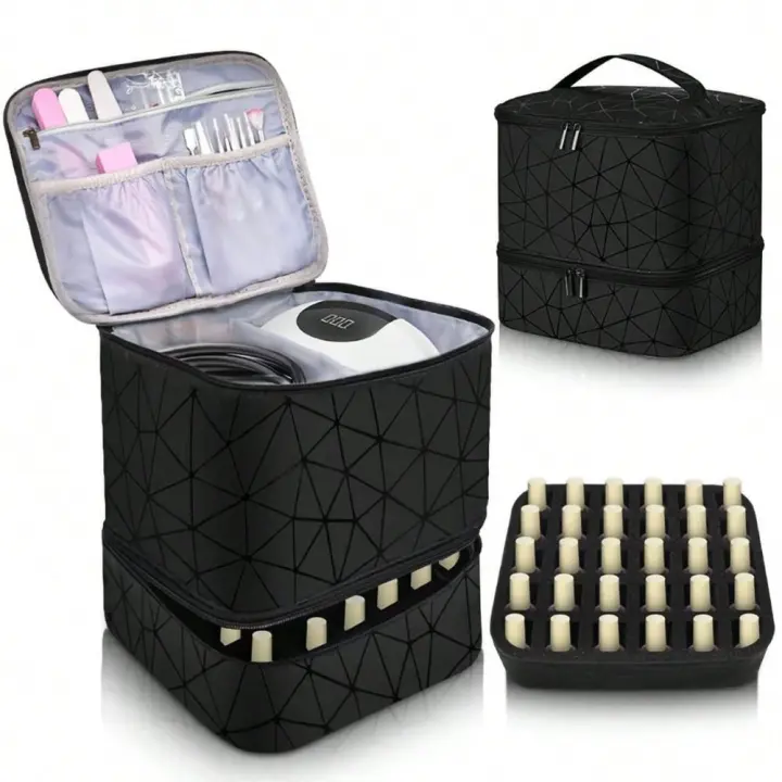 Organizador de esmalte de uñas de doble capa, Kit de uñas a cuadros con rombos de cuero PU, Estuche de transporte de gran capacidad con capacidad para 30 botellas - 1