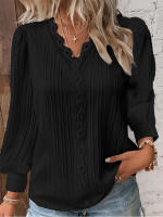 Blusa Elegante De Mujer En Chiffón Negro Con Diseño De Encaje Y Vuelta En El Cuello Simple Manga Flare Tratamiento De Hollow out Para Oficina - details 4