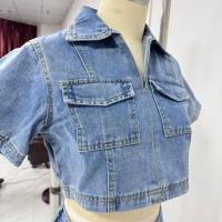 Ropa de trabajo Traje de mezclilla Falda Pantalones Top de manga corta Verano Mujer Chica caliente Cintura alta Irregular - details 3