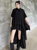 EAM mujeres negro capas espalda talla grande vestido camisero largo solapa nueva manga corta moda Primavera Verano 2025 1DH6073 - details 2