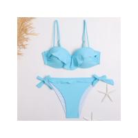 Bañador de banda con volantes negros para mujer, traje de baño femenino de realce, conjunto de Bikini con sujetador y Copa, traje de baño de corte alto azul de Color sólido 2023 - details 5