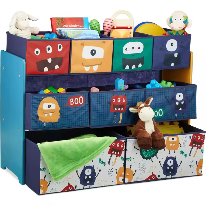 Estantería de Monstruos para Niños 9 Cajas de Tela, Diseño de Monstruos, 70x92,5x30cm, Cajonera para Juguetes, Multicolor, Acero - 1