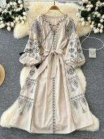 Vestido largo ceñido a la cintura con mangas abullonadas bordadas para primavera y otoño de estilo étnico bohemio para mujer A155 - details 0