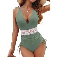 con control de barriga para mujer Traje de baño modesto adelgazante de una pieza con cordón de bloque de color - details 6