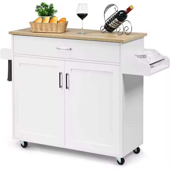 Carrito de Cocina Carro de Servicio Comedor con Ruedas,Toallero,Cajón, Puerta y Estantes Gabinete Mueble de Cocina (blanco) - 1
