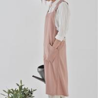 Delantal de cocina de estilo japonés Simple, vestido largo con espalda cruzada, Color sólido con bolsillos, delantal de lino y algodón para hornear - details 10