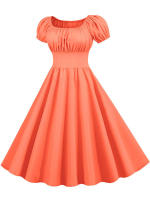 Summer women puff sleeve casual vintage party solid elegant midi dress - details 8