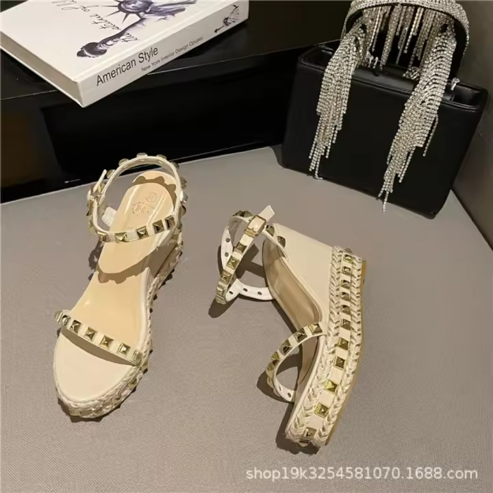 Nueva moda tejida palabra con uñas de salsa moda versátil plataforma de tacón de cuña sandalias de tacón alto. - 1
