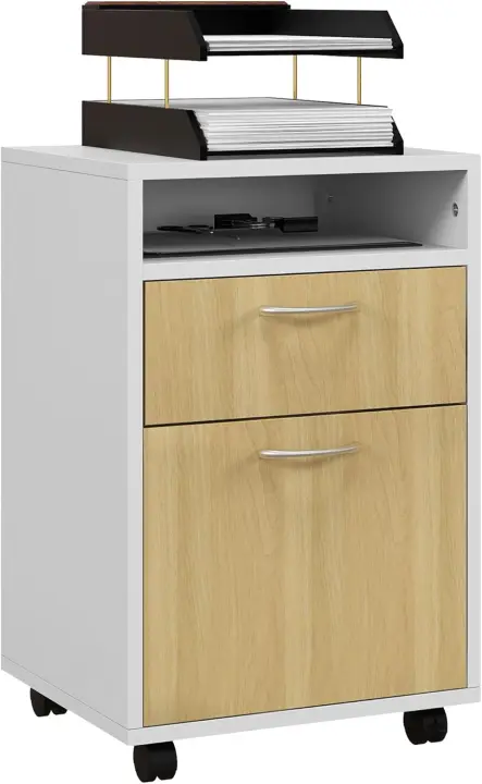 Cajonera de Oficina Móvil con Cajón y Gabinete Mueble Archivador con Ruedas Soporte de Impresora para Estudio Natural y Blanco - 1