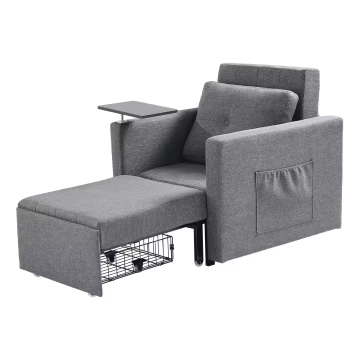 SucceBuy Sofá cama convertible con bolsillo lateral, almohada, reposabrazos y tablero de escritorio, respaldo ajustable con 5 ángulos, gris - 1