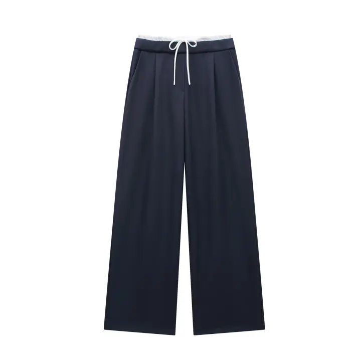 2024 pantalones de mujer pantalones anchos holgados pantalones negros de moda para mujer pantalones casuales de cintura alta otoño mallas acampanadas azules - 1