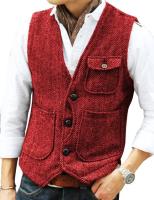 Chaleco de hombre marrón de lana en espiga Tweed con cuello en V, chaleco de herramientas Retro de un solo pecho, chaleco de negocios para caballero para boda - details 21