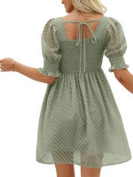 Vestido de verano de las mujeres 2023 Casual Flowy Beach Cuello cuadrado Linterna Manga corta Plisado Una línea Vestido Tie Mini vestido - details 12
