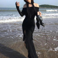 Elegante Vestido de Moda Oscura con Volantes Cuello de Aguja Gótico Largo Vestido Mxi para Mujeres - details 4