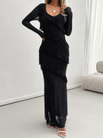 Vestido de malla con cuello en V, elegante y entallado, de manga larga para mujer, otoño invierno - details 21