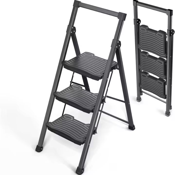 Escalera Plegable de 3 Peldaños Capacidad de 400 kg con Pedales Antideslizantes Anchos, Barandilla, Escalera de Tijera de Acero, Escalón Taburete para Hogar Cocina Oficina, Negro - 1