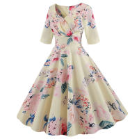 Women floral print casual half sleeve elegant vintage party dress - details 3