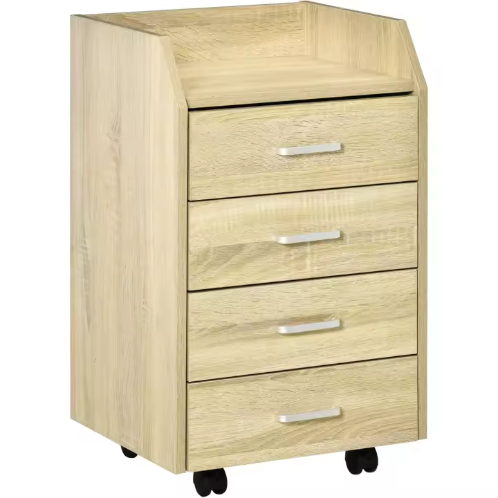 Cajonera de oficina, mueble auxiliar para archivos con 4 cajones, superficie superior de almacenamiento, 4 ruedas y 2 frenos para estudio/oficina, 40x36x65 cm, natural. - 1