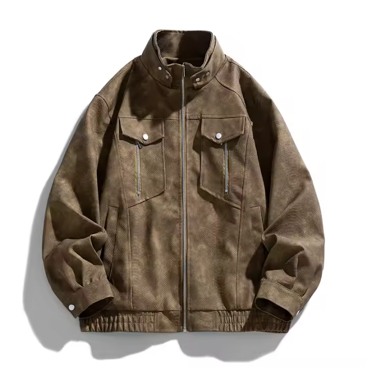 Chaqueta de cuero con cuello levantado para hombre, Tops cómodos y versátiles, informales, sólidos, a prueba de viento, para otoño e invierno - 1