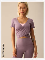 Camiseta deportiva de manga corta para mujer, Top ligero de Yoga, detalle envolvente frontal, suave y transpirable, BTM - details 4