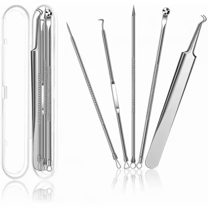 Juego de herramientas para eliminar espinillas, 5 herramientas de extracción de cabeza negra, Extractor profesional de espinillas de acero inoxidable - 1