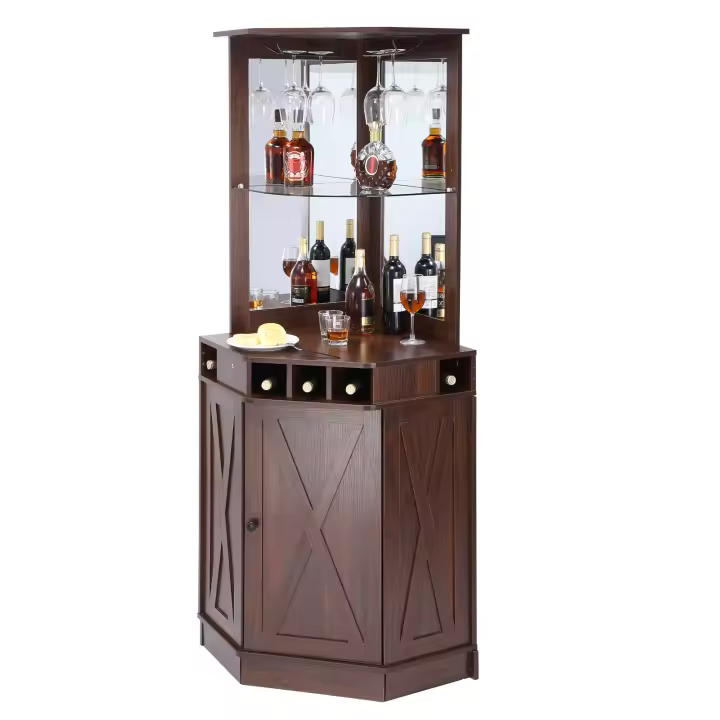 SucceBuy Mueble de bar industrial de esquina, mesa de vino para licores y vasos. Aparador buffet con soporte de vidrio - 1