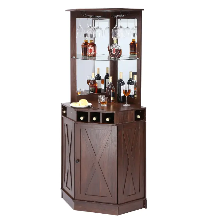 SucceBuy Mueble de bar industrial de esquina, mesa de vino para licores y vasos. Aparador buffet con soporte de vidrio - 1