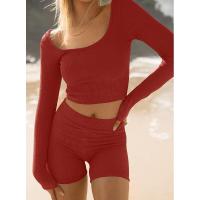 BUNO-Conjunto de ropa de estar por casa para mujer, tops ajustados de manga larga y pantalones cortos de motorista, 2 piezas, verano, 2025 - details 14