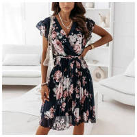 Vestido floral con cuello en V para mujer, Falda plisada Bohemia - details 2