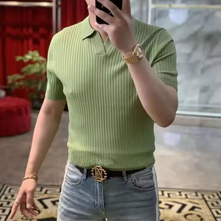 Polo de punto de seda helada para hombre, camiseta jacquard de manga corta, cuello, top fino de alta calidad, verano, nuevo - 1